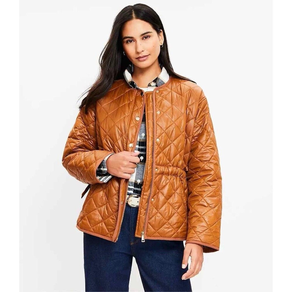 LOFT Quilted Jacket Chestnut Shimmer Peplum Waist L Preppy Equestrian Cottage